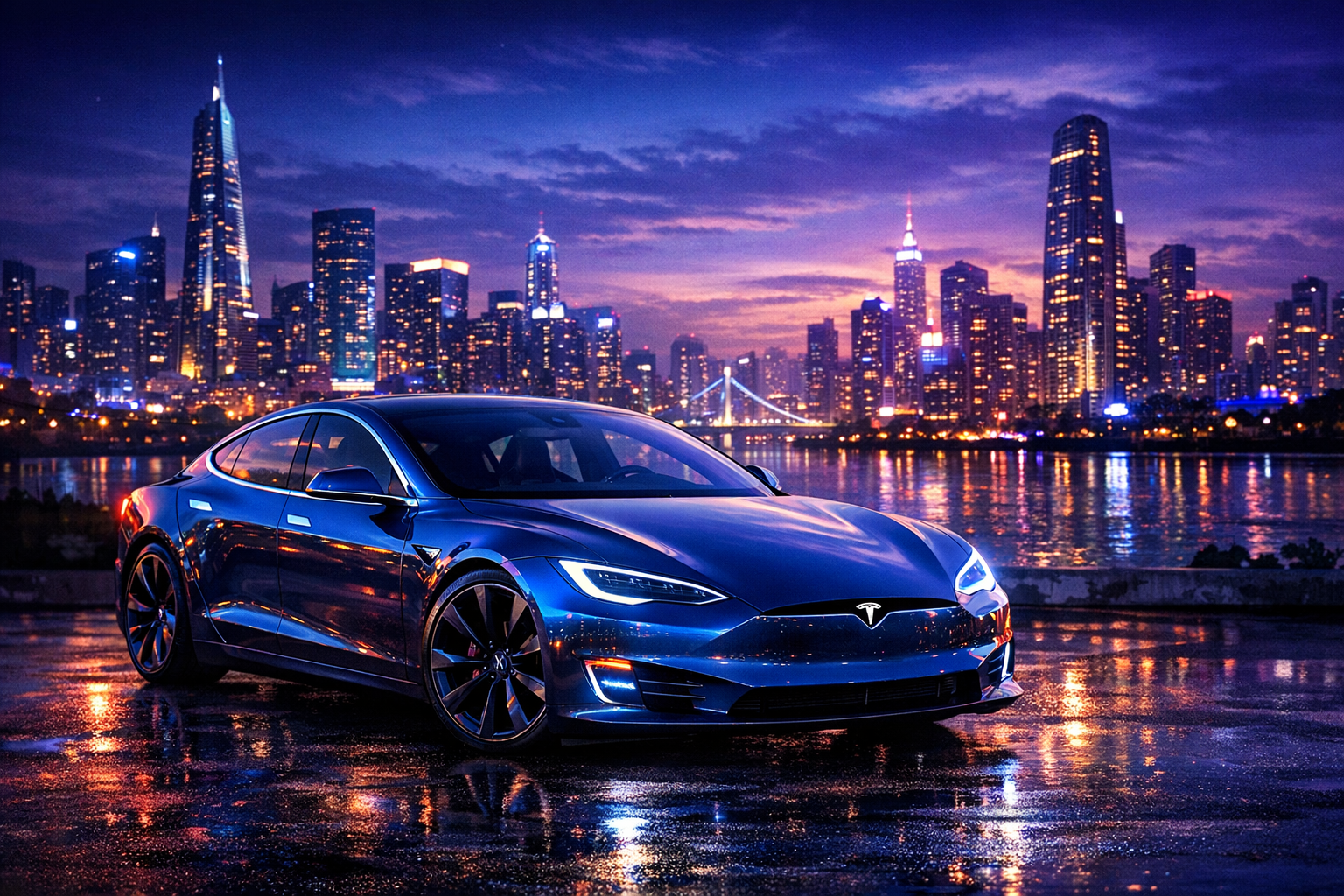 Imagine a sleek futuristic Tesla parked beneath a glowing city skyline at dusk the vibrant lights reflecting off its polished surface The scene captur-1